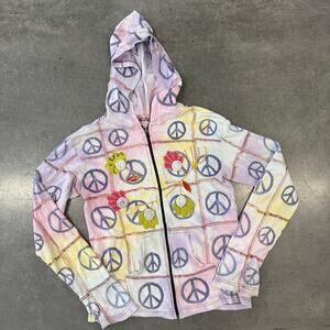 Vintage Y2K Peace Patchwork Hippie Purple Multi Long Sleeve Full Zip Hoodie S
